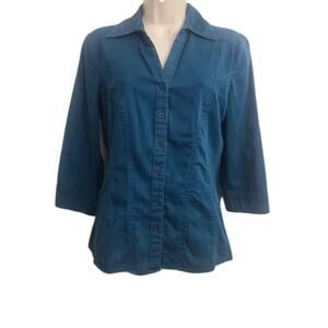 Como Stretch Sm Teal Blue Shirt Button Down Collar 3/4 Sleeve Cotton